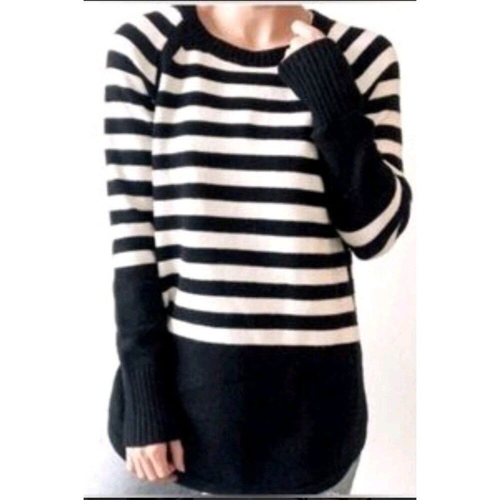 Anthropologie Womens Sz S Long Tunic Stripped Sweater Black White